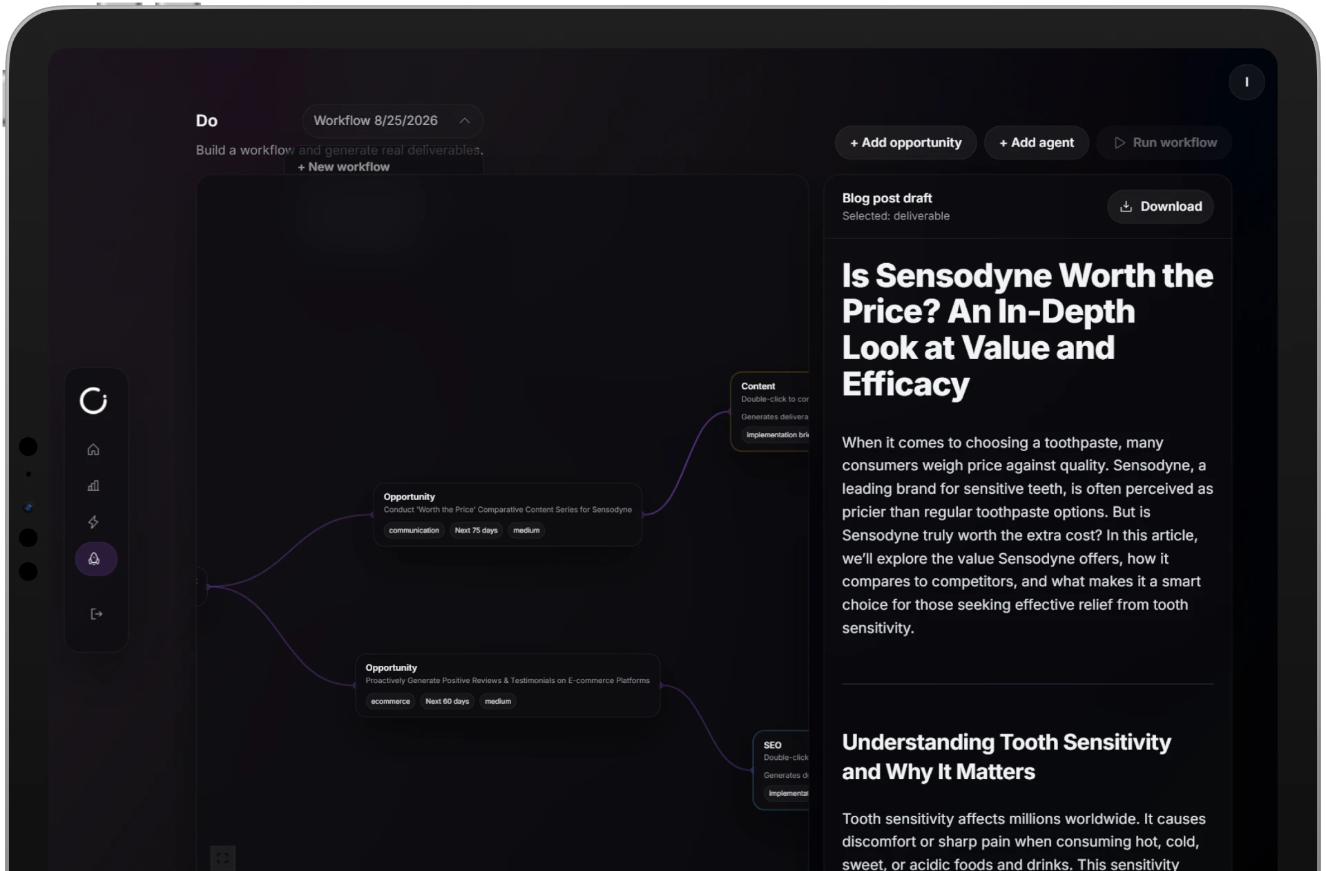 Eye workflow builder generating a deliverable